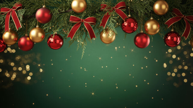 Square banner with gold and red Christmas symbols and text. Christmas tree, balls, golden tinsel confetti and snowflakes on green background. Header for website template - Powered by Adobe