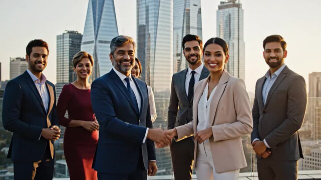 Business Handshake with City Skyline - A group of diverse business professionals stand on a rooftop with a stunning city skyline in the background, two individuals shaking hands in the center.