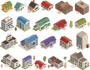 Isometric building set, modern architecture illustration, residential and commercial buildings, 3D city planning concept, urban development design, architectural visualization art