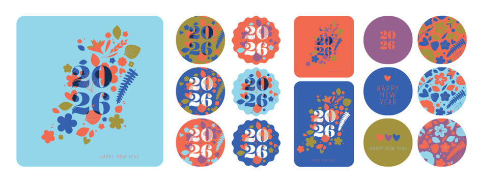 Illustration vectorielle voeux 2026. Composition florale &eacute;l&eacute;gante entourant les chiffres. Style d&eacute;licat, po&eacute;tique, esth&eacute;tique et raffin&eacute;. Id&eacute;al cartes de voeux, r&eacute;seaux sociaux, papeterie agenda