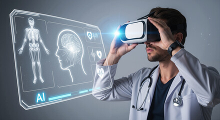 Doctor using a VR headset to analyze a futuristic medical interface with AI for advanced healthcare diagnostics.