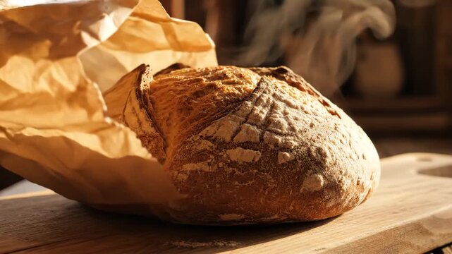 Fresh Loaf in Paper - A rustic loaf of bread, still steaming, sits wrapped in brown paper on a wooden surface. The warm light highlights the crust and the rough texture of the paper.