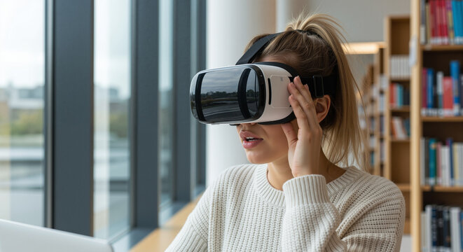 Young woman using a virtual reality headset for immersive learning in a modern university library. - Powered by Adobe