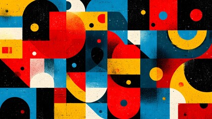 Dynamic arrangement of primary colored geometric shapes creates a vibrant abstract pattern