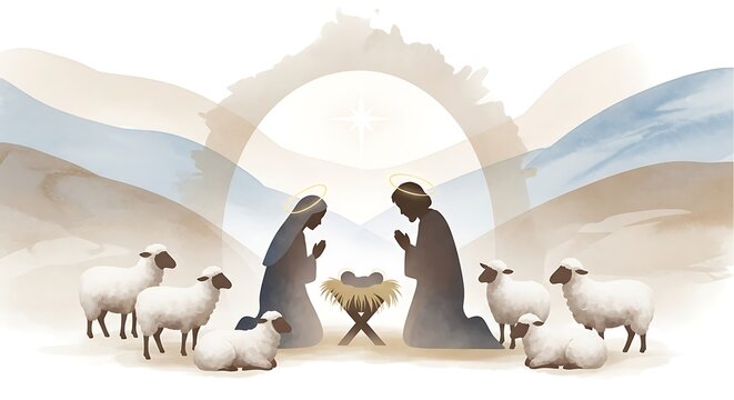 Photo of nativity scene illustration with silhouettes of mary and joseph kneeling by baby jesus in a manger, surrounded by sheep