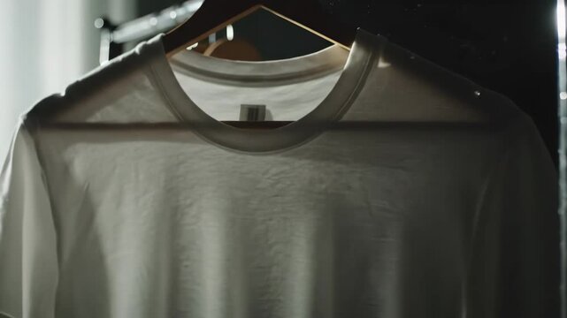 White T-Shirt on Hanger - Close-up shot of a plain white t-shirt hanging on a wooden hanger. The shirt is against a dark background, and the lighting highlights the texture of the fabric.