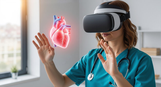 Doctor with VR headset analyzes a holographic human heart.
