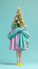 Fashionable Christmas Tree with Woman&rsquo;s Legs and Clothes in Pastel Colors