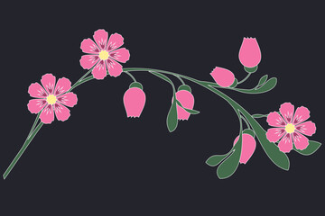 Delicate stem with pink flowers and buds on a dark background. Vector illustration for embroidery design, appliqu&eacute;, wall decor, tiles
