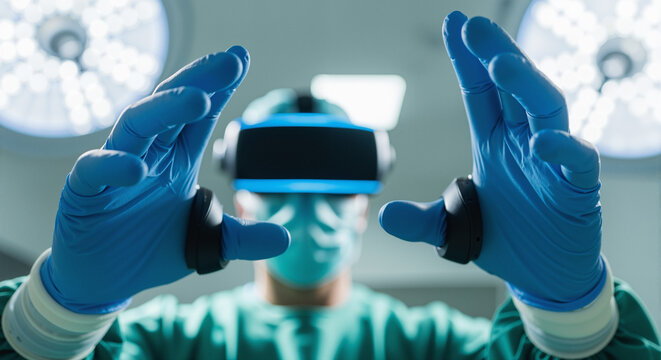 Surgeon in VR headset performing virtual surgery in operating room.