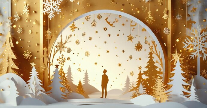 Papercraft scene depicts winter landscape. Silhouette stands beneath golden arch, snowflakes fall. Festive, warm lighting creates magical mood.