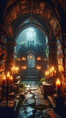 Fototapeta premium Mysterious Gothic Architecture with Candles and Dim Lighting