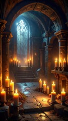 Enchanted Gothic Interior with Flickering Candles and Stone Walls
