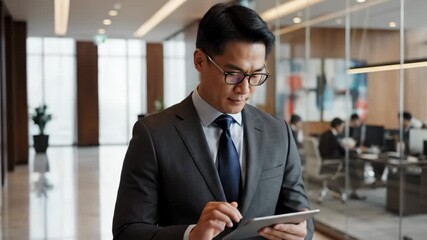 Asian Businessman Using Tablet in Modern Office - An Asian businessman in a suit and tie is standing in a modern office building and using a tablet. - Powered by Adobe