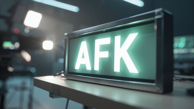 Cinematic high-tech AFK banner on glowing neon green signboard with white LED backlighting. Vertical studio shot, dramatic lighting, modern.