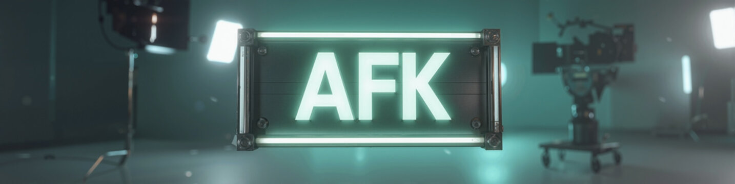 Cinematic high-tech AFK banner on glowing neon green signboard with white LED backlighting. Vertical studio shot, dramatic lighting, modern.