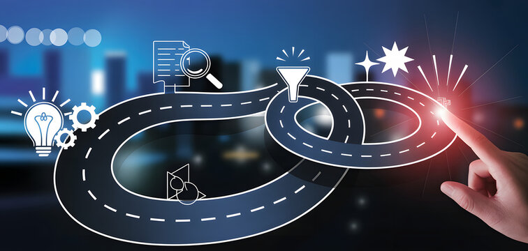 Business strategy roadmap with icons and city background