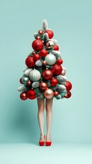 Christmas tree decorated with red ornaments with female legs and shoes. Pastel blue minimal background