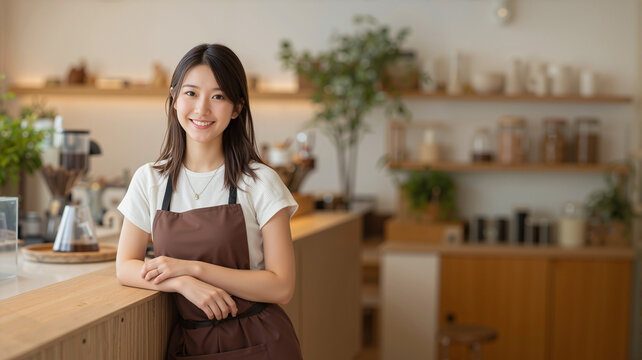 Smiling Asian female barista in brown apron holding glass coffee server, standing in modern minimalist cafe. Medium shot, natural light, realistic, vertical. - Powered by Adobe