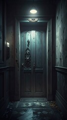 Obraz premium Old Vintage Door in Dimly Lit Hallway with Worn Wallpaper and Floor