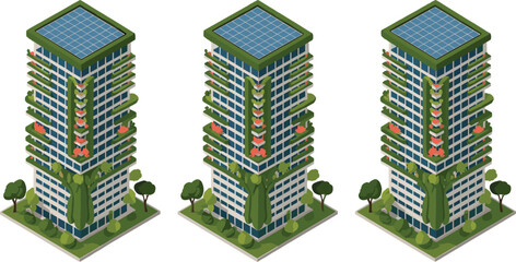 Eco friendly skyscraper with rooftop garden, sustainable architecture design, green high rise building, vertical garden tower, renewable energy urban development illustration