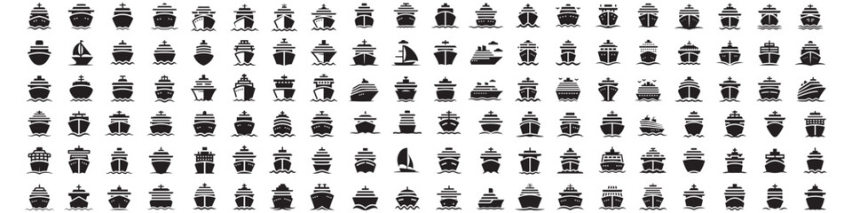 set of Cruise ship solid icon, ocean concept, Marine sail boat sign, sea cruise liner icon. Vector Black silhouettes. with white background