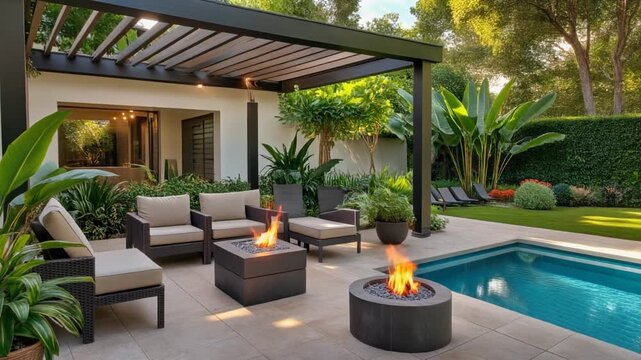 Modern backyard patio with pergola, fire pit, and pool surrounded by lush greenery, offering a cozy and stylish outdoor living space for relaxation.