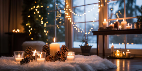 christmas decorated living room, decorated christmas tree, cozy blankets and pillows
