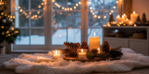 christmas decorated living room, decorated christmas tree, cozy blankets and pillows
