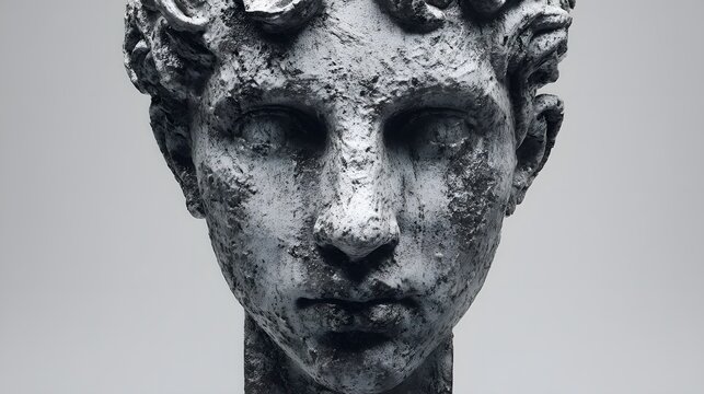 Textured monochromatic sculpture portrait displays rough surface details against a neutral background
