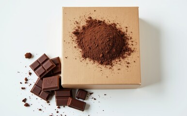 Dark chocolate pieces cocoa powder on cardboard brown