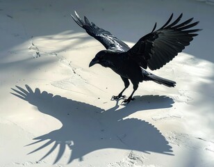 Naklejka premium Majestic Black Bird with Outstretched Wings Casting Dramatic Shadow