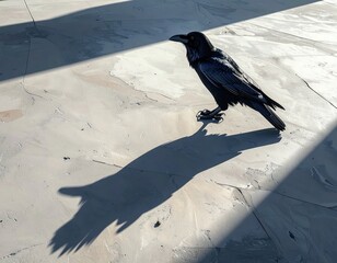 Obraz premium Black Raven Casting Shadows on a Light Concrete Surface