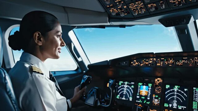Female Pilot in Airplane Cockpit - A female pilot is seen inside the cockpit of a passenger airplane, pressing a button on the control panel above.