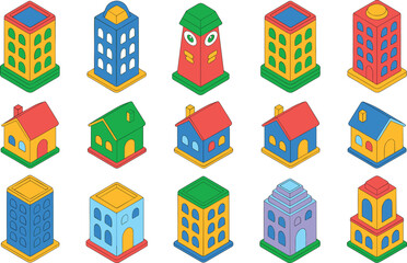 Vibrant isometric buildings and houses collection in colorful 3D geometric style for cityscape, real estate, and architectural illustration
