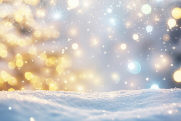 Fototapeta premium Snowy landscape with blurred bokeh lights a winter wonderland scene perfect for holiday backgrounds and seasonal promotions