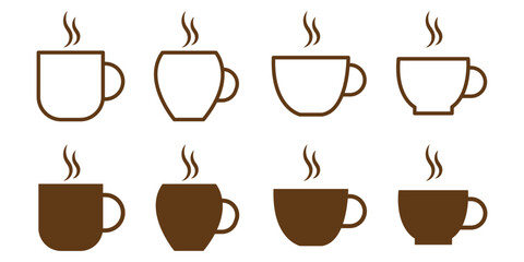 Obraz premium Coffee and Tea Cup Icons. Minimal Line Style, Barista Drink Vector Set. Coffee icon line design.