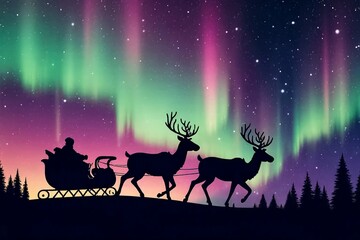 Santa's reindeer pulling the sleigh silhouette against the vibrant, glowing spectacle of the stunning Northern Lights.