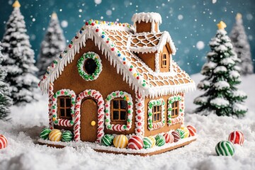 A festive gingerbread house decorated with colorful candy and white icing, set in a snowy landscape with frosted evergreen trees.
