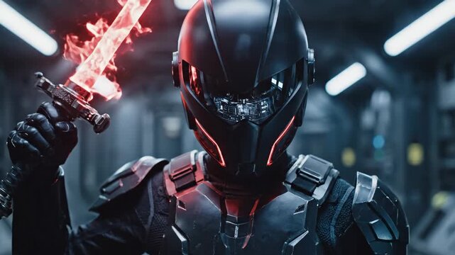 Futuristic Warrior with Energy Sword - A futuristic warrior clad in black armor and helmet holds a glowing red energy sword.