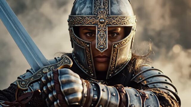 Determined Female Warrior in Armor - A fierce female warrior clad in shining metal armor and helmet stands ready for battle, gripping a sword in both hands.
