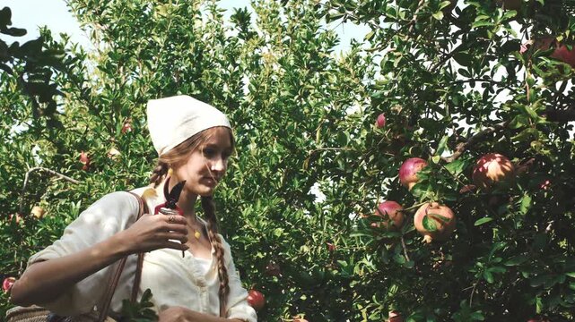 Woman harvesting pomegranates in orchard on a sunny day