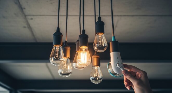 Hanging light bulbs vintage style with smart technology and hand - Powered by Adobe