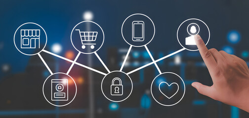 Online shopping and customer interaction icons connected by lines
