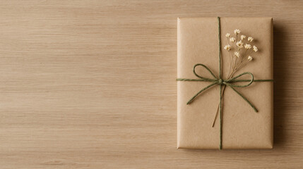 Eco-style gift box with green twine and dried flowers on wood surface