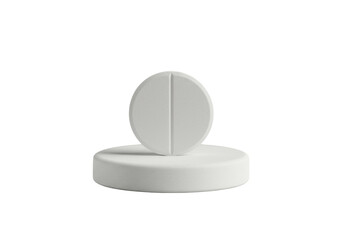 Perfectly round, transparent medical tablet with a laser-cut score line, resting on a white ceramic display disk, isolated on a blurred transparent background under studio light, concept of