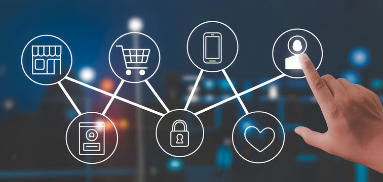 Online shopping and customer interaction icons connected by lines