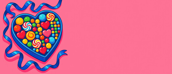 Cartoon heart-shaped candy box filled with colorful sweets
