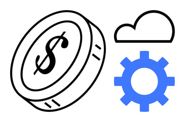 Coin with dollar sign, blue gear, and cloud outline suggest finance, cloud computing, and operational mechanics. Ideal for economic growth, fintech, innovation, data management cloud storage