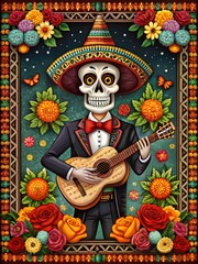 A skeleton mariachi with guitar in a day of the dead themed frame